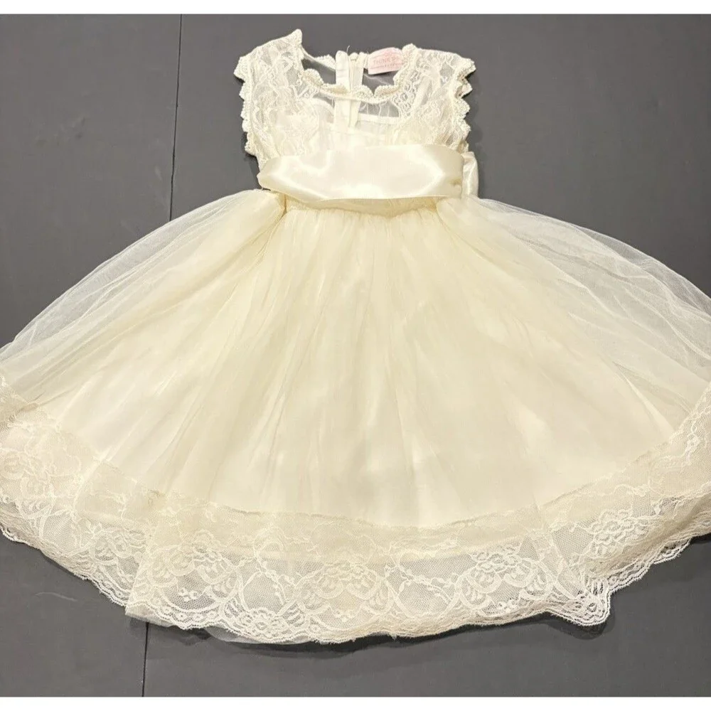 Girls Ivory Lace Tulle Dress Satin Bow Special Occasion Size 4-5